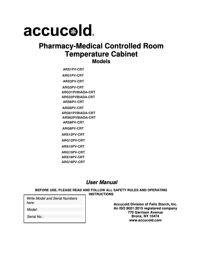First page image of the manual for ARG12PV-CRT