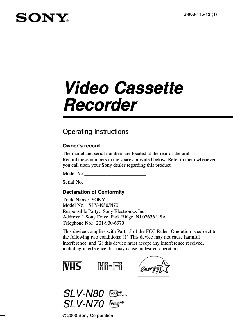 Page 1 of the manual User Manual Sony SLV-N80