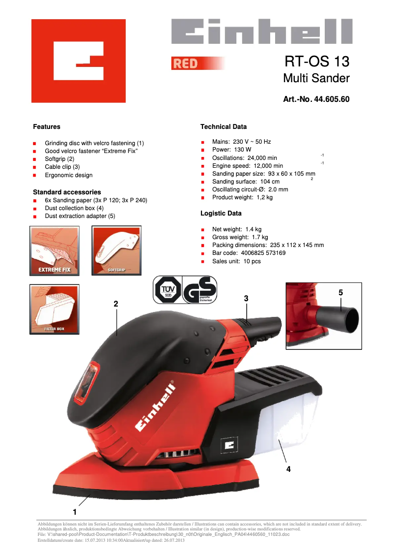 Page 1 of the manual Technical Sheet Einhell RT-OS 13