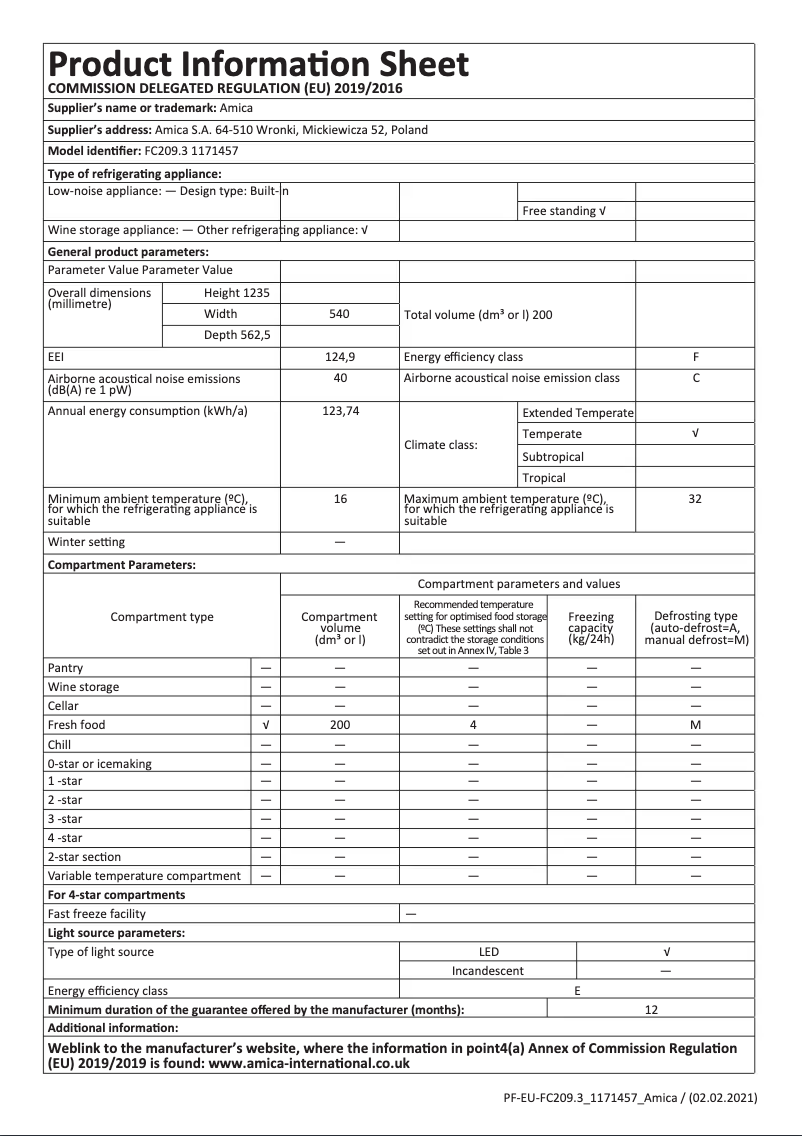 Page 1 of the manual Technical Sheet Amica FC2093