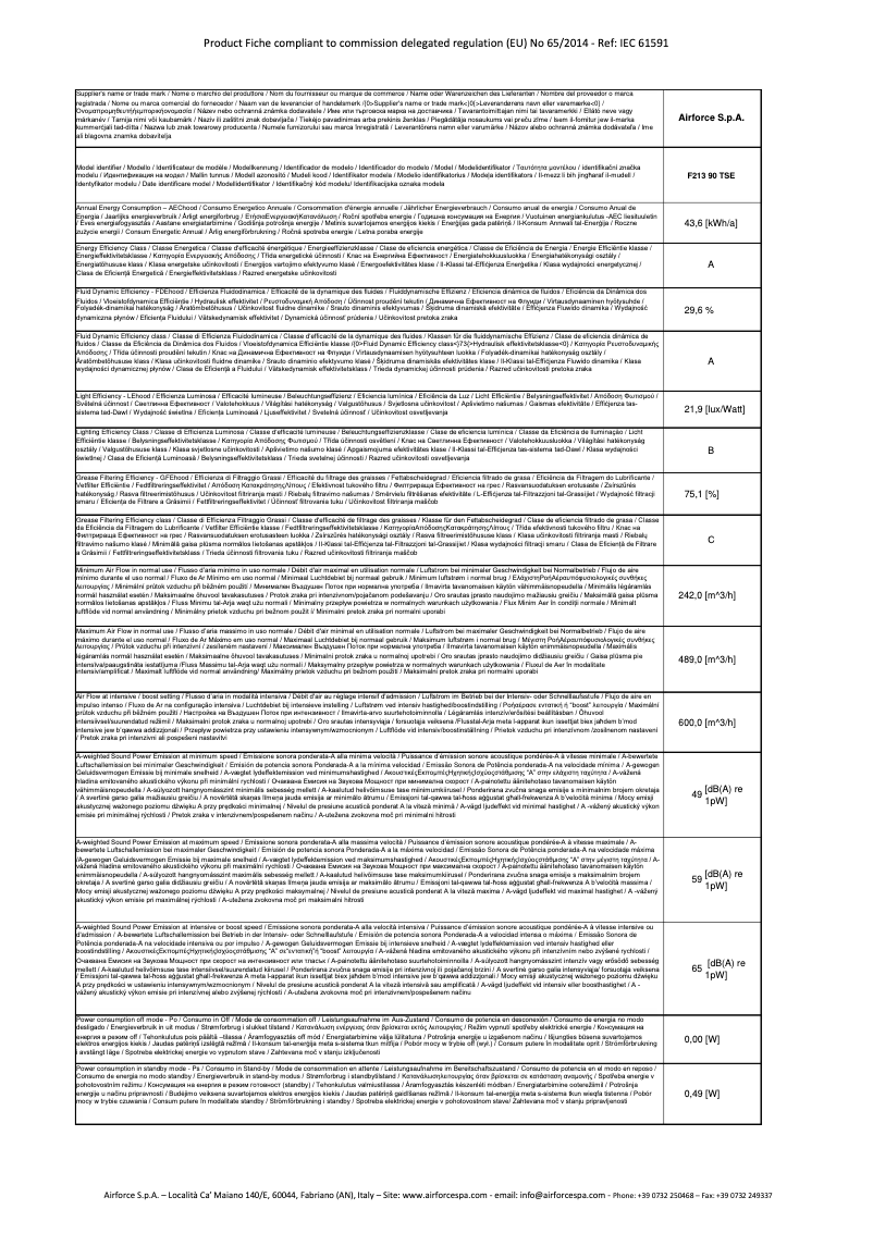 Page 1 of the manual Technical Sheet Airforce F213 90 TSE