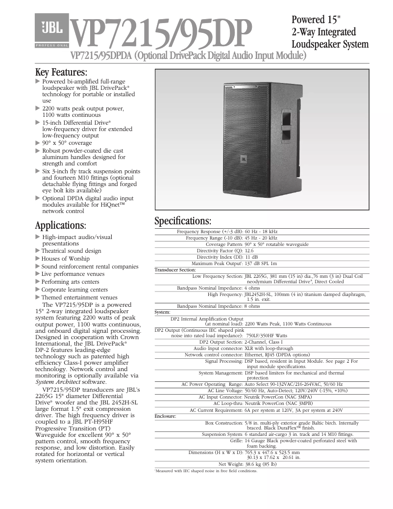 Page 1 of the manual Technical Sheet JBL VP7215/95DP