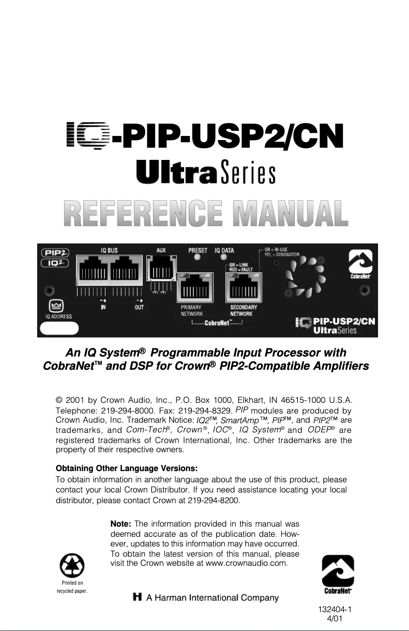 First page image of the manual for IQ-PIP-USP2/CN