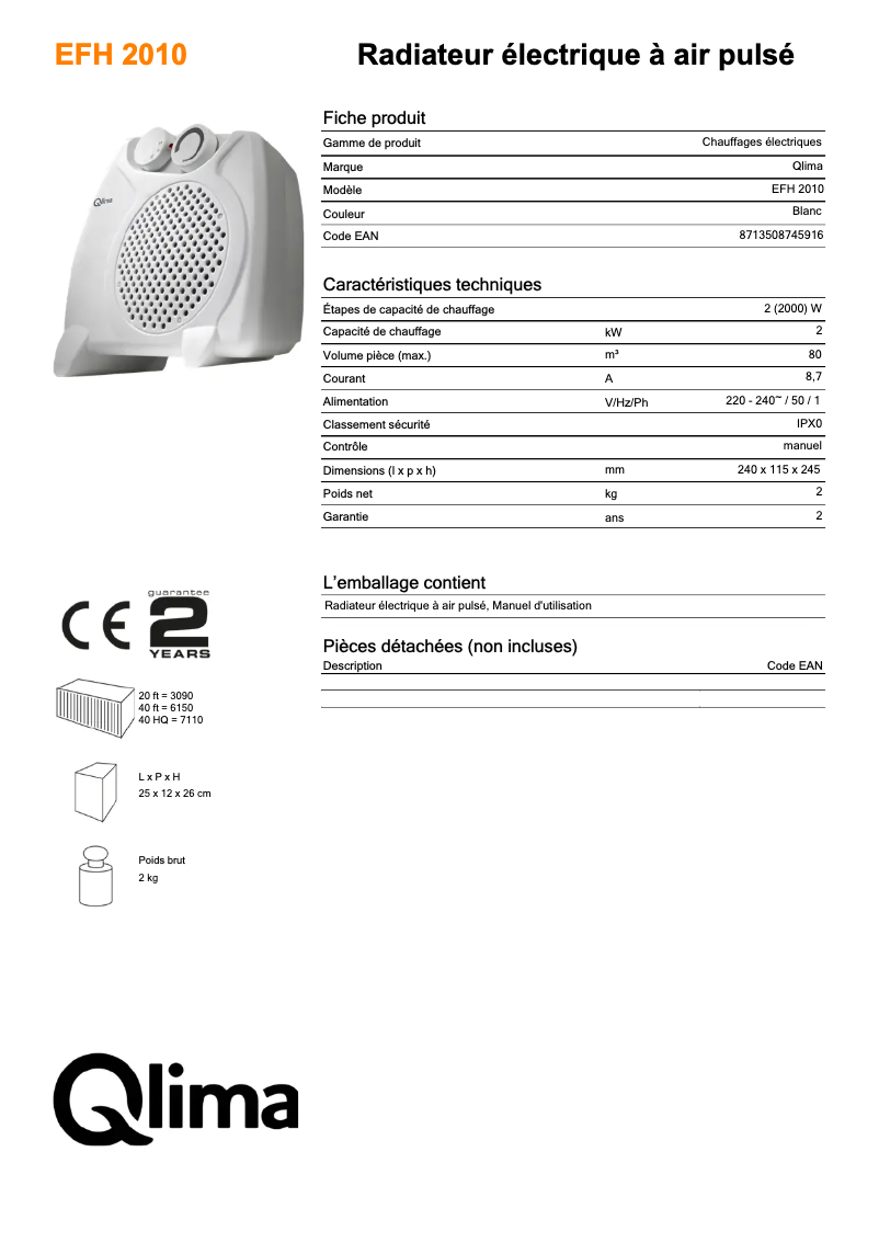 Page 1 of the manual Technical Sheet Qlima EFH2010