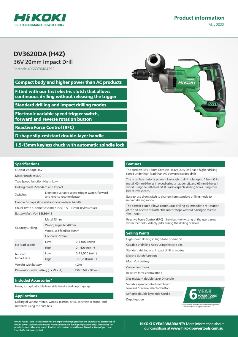Page 1 of the manual Technical Sheet HiKOKI DV3620DA