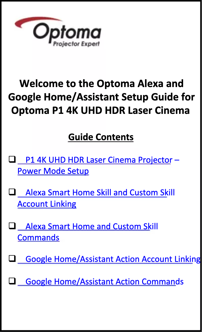 Page 1 of the manual Installation Guide Optoma CinemaX P1