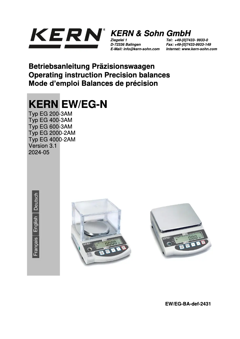 Page 1 of the manual User Manual Kern EW 820-2NM