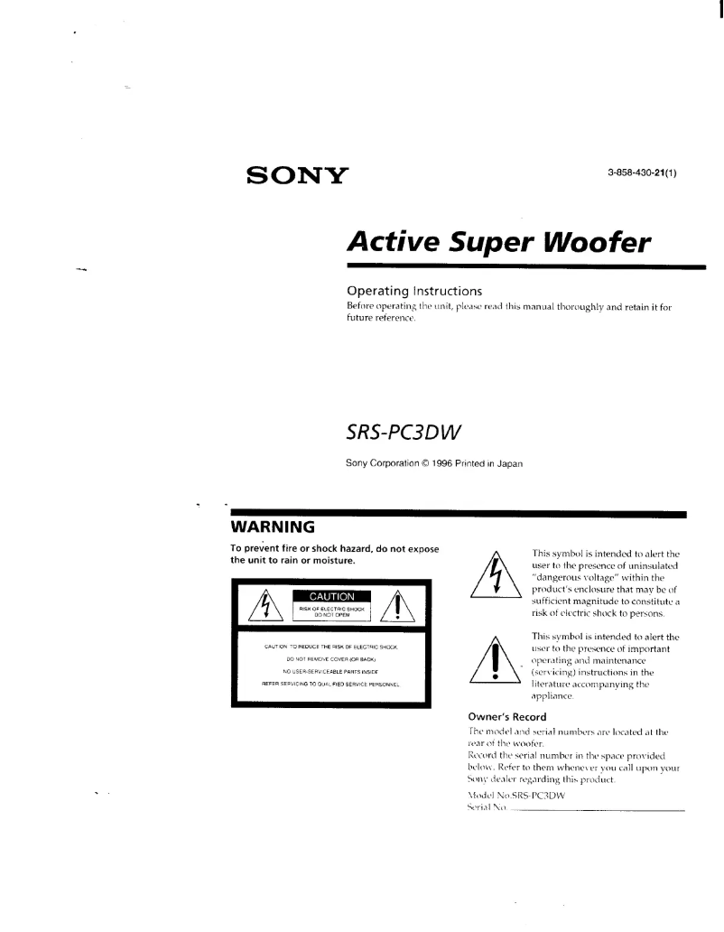 First page image of the manual for SRS-PC3DW