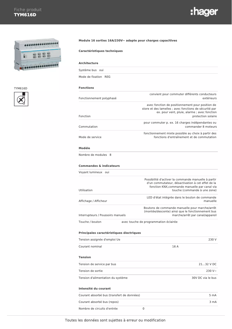 Page 1 of the manual Technical Sheet Hager TYM616D