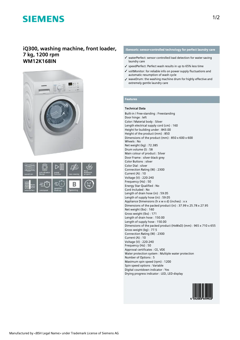Page 1 of the manual Technical Sheet Siemens WM12K168IN
