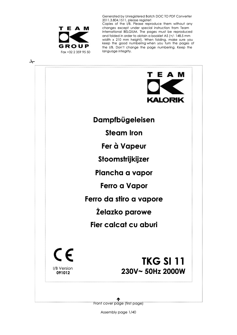 First page image of the manual for TKG SI 11