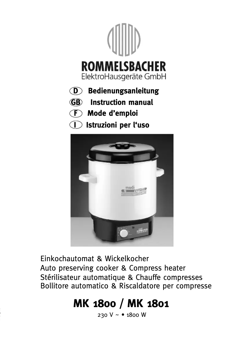 Page 1 of the manual User Manual Rommelsbacher MK 1800