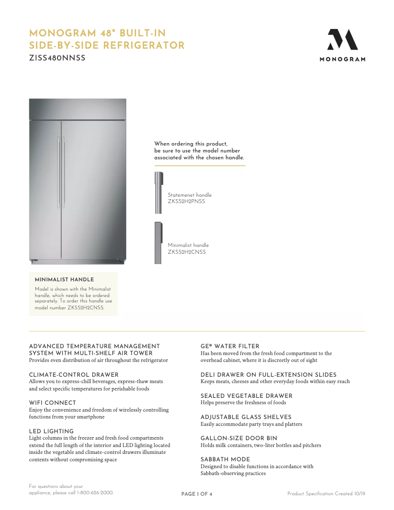 Page 1 of the manual Technical Sheet Monogram ZISS480NNSS