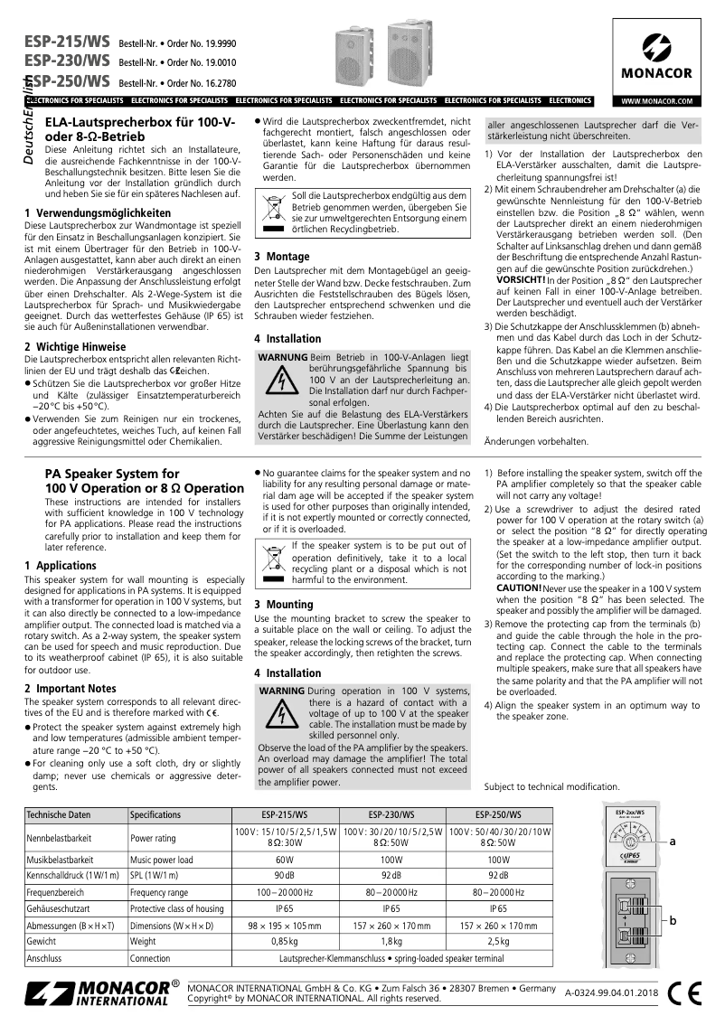 Page 1 of the manual User Manual Monacor ESP-230/WS