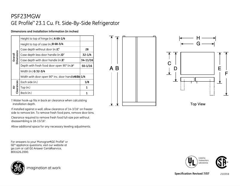 First page image of the manual for Profile PSF23MGWWW