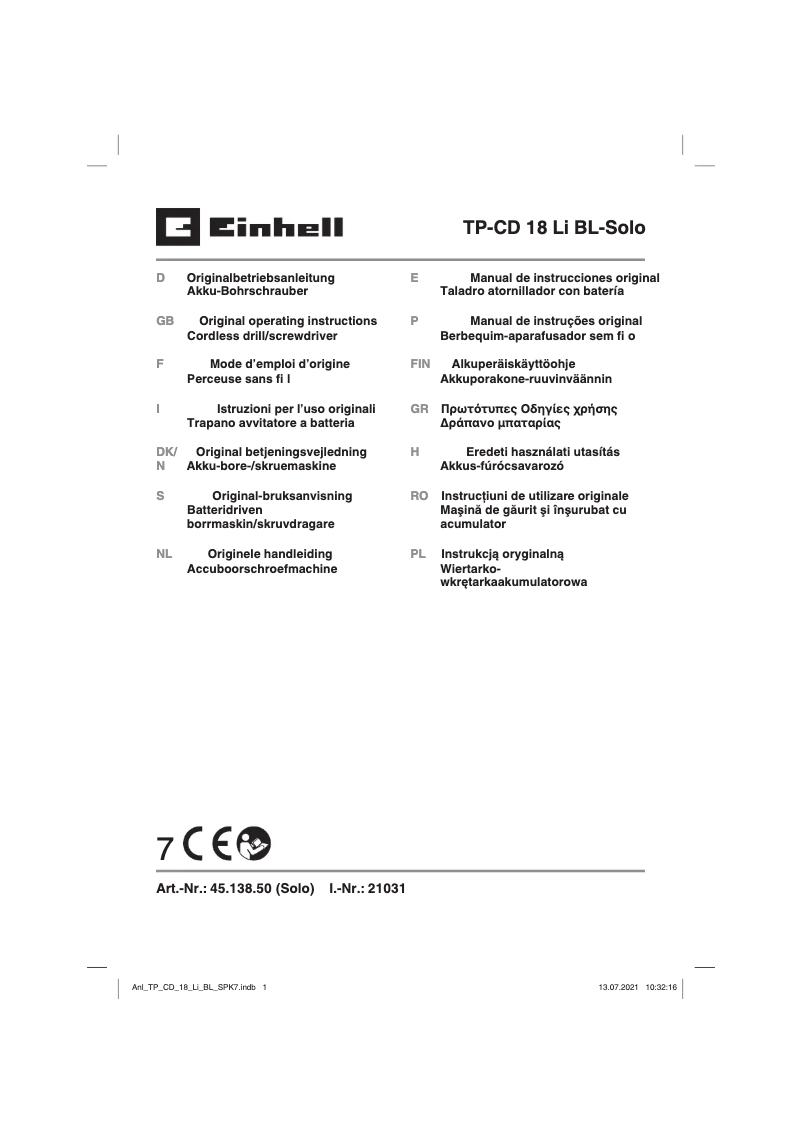 Page 1 of the manual User Manual Einhell TP-CD 18 Li BL-Solo