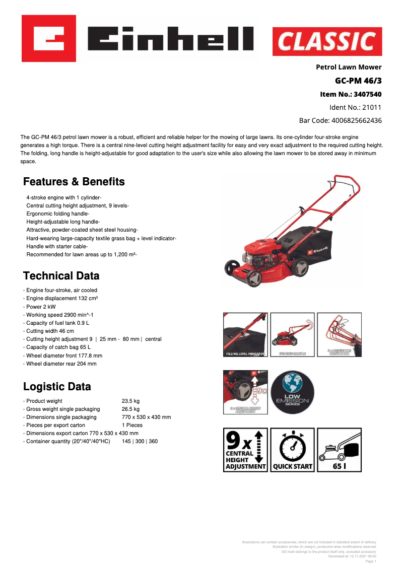 Page 1 of the manual Technical Sheet Einhell GC-PM 46/3