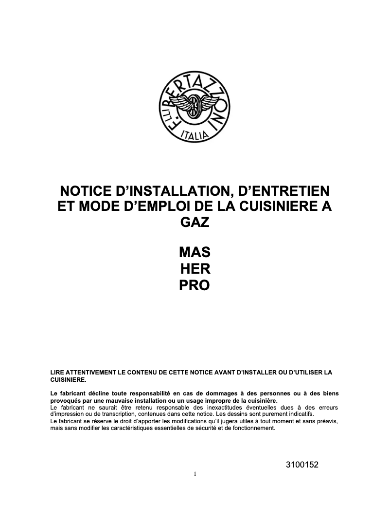 Page 1 of the manual User Manual Bertazzoni PRO106L2ENET