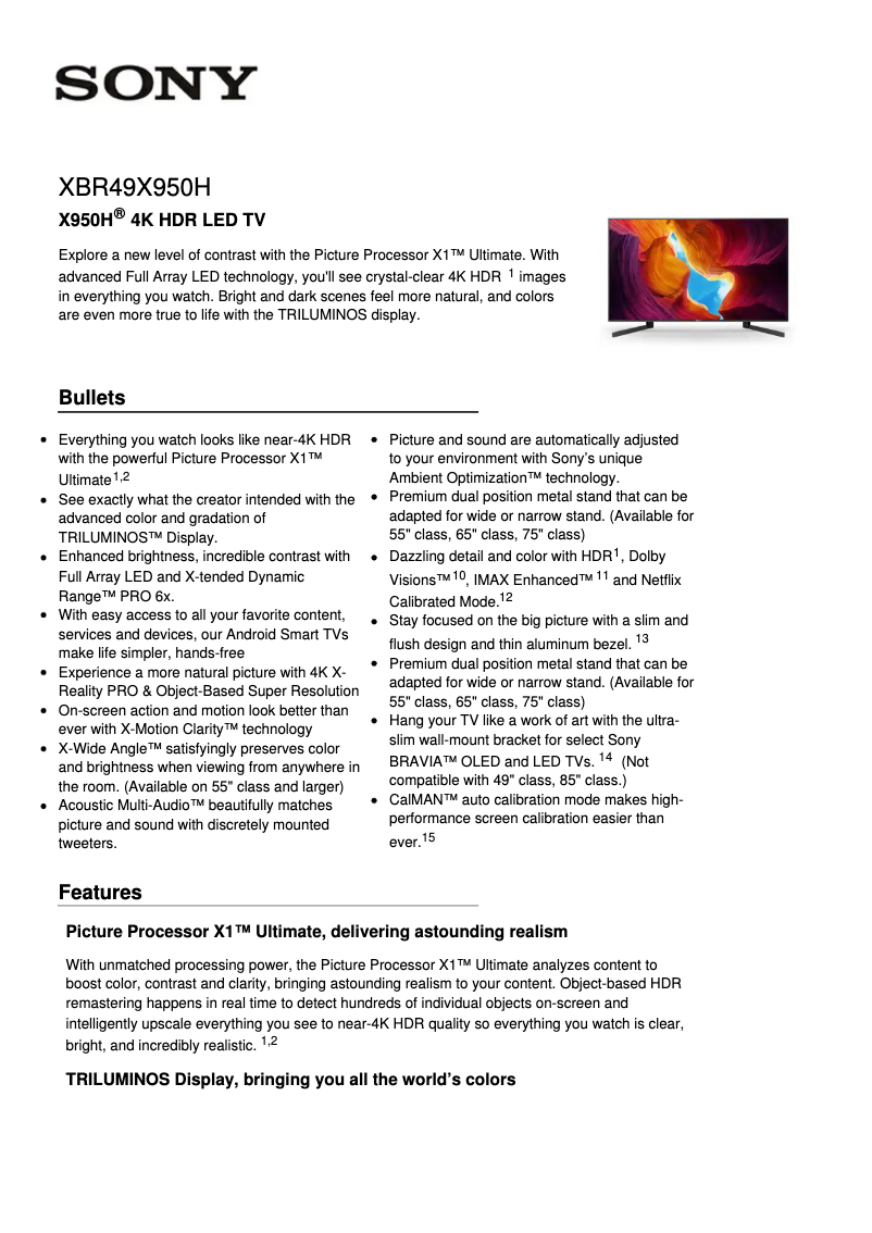 Page 1 of the manual Technical Sheet Sony XBR49X950H