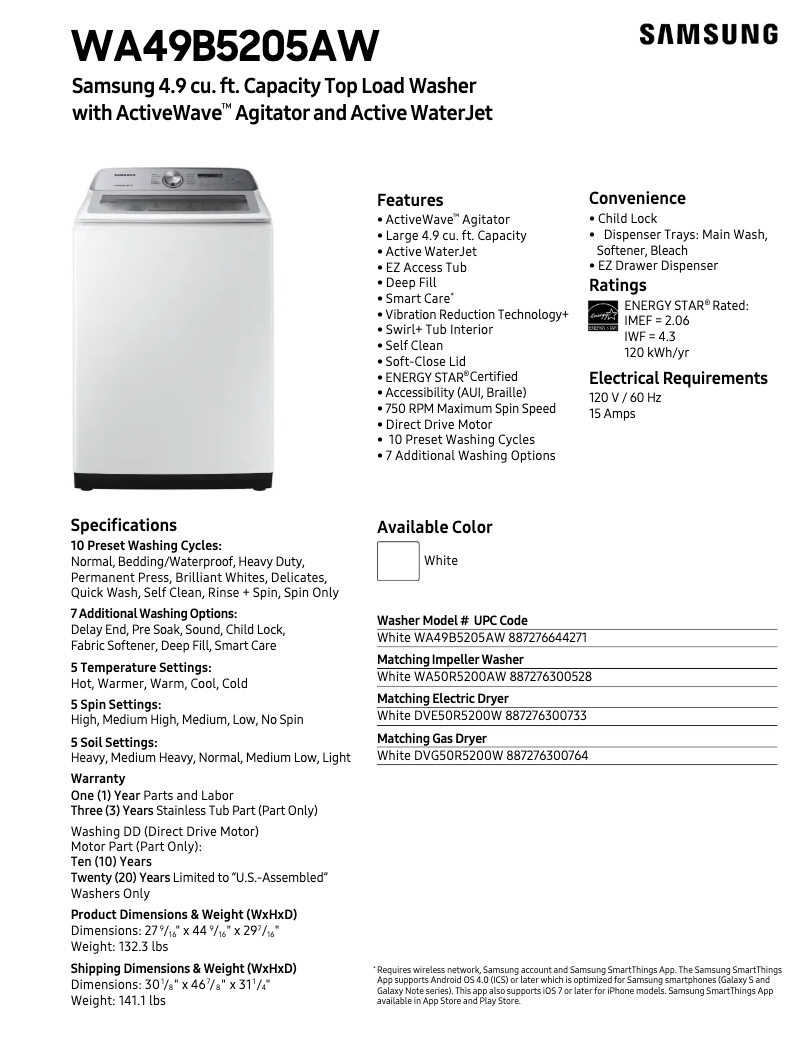 First page image of the manual for WA49B5205AW
