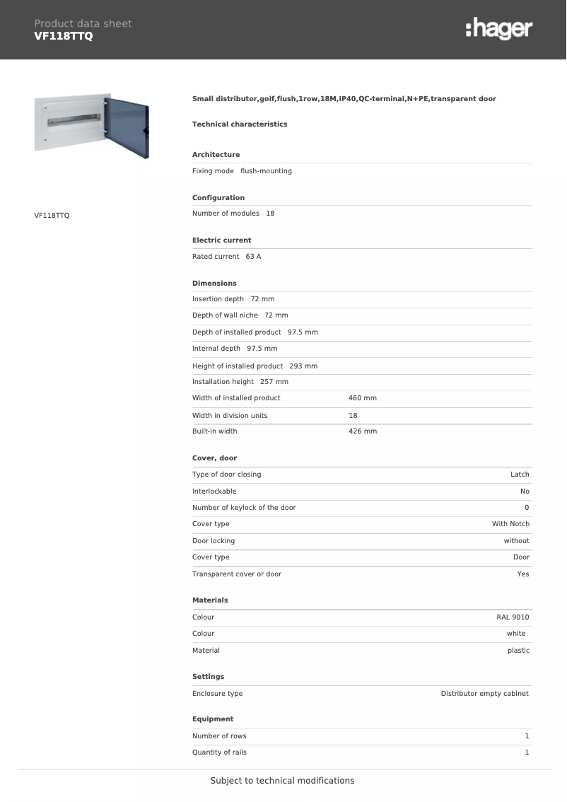 Page 1 of the manual Technical Sheet Hager VF118TTQ