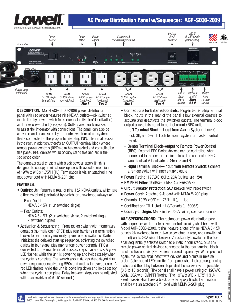 Page 1 of the manual User Manual Lowell ACR-SEQ6-2009