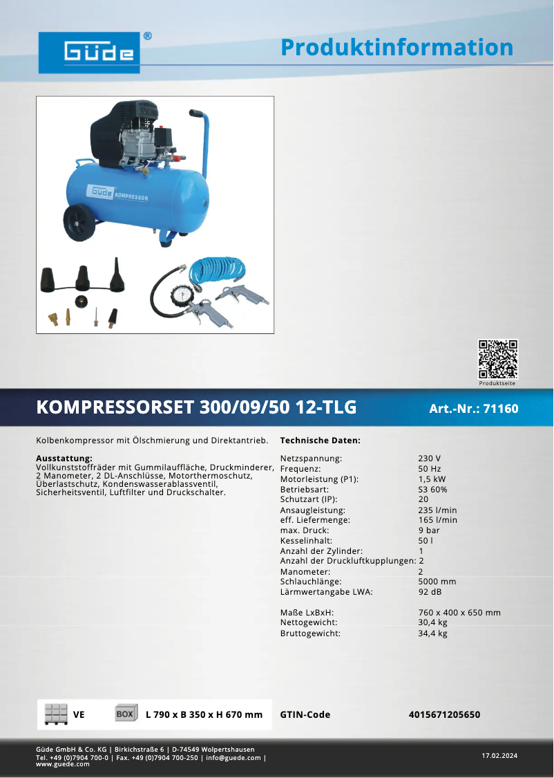 Page 1 of the manual Technical Sheet Güde 300/09/50 12-TLG
