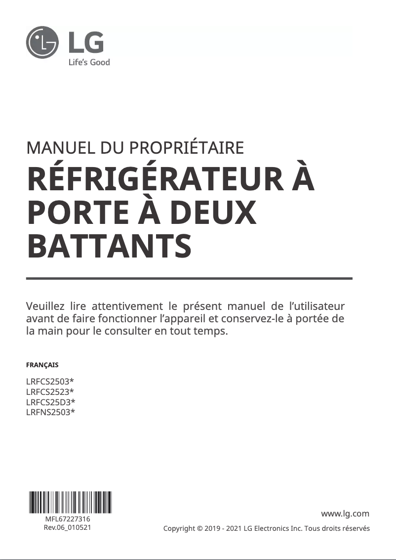 First page image of the manual for LRFCS2503W