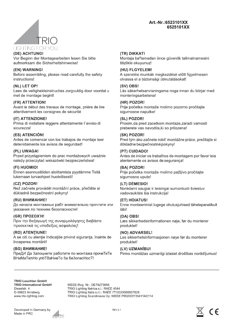 Page 1 of the manual User Manual Trio Lighting Aura 652310106