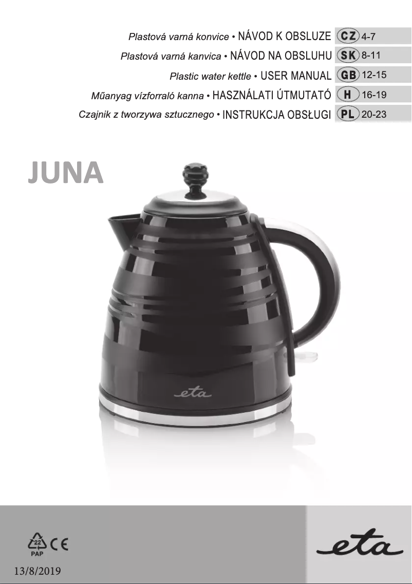 Page 1 of the manual User Manual Eta Juna 1605 90010