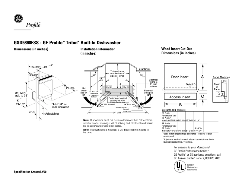 Page 1 of the manual Technical Sheet GE Profile Triton GSD5360FSS