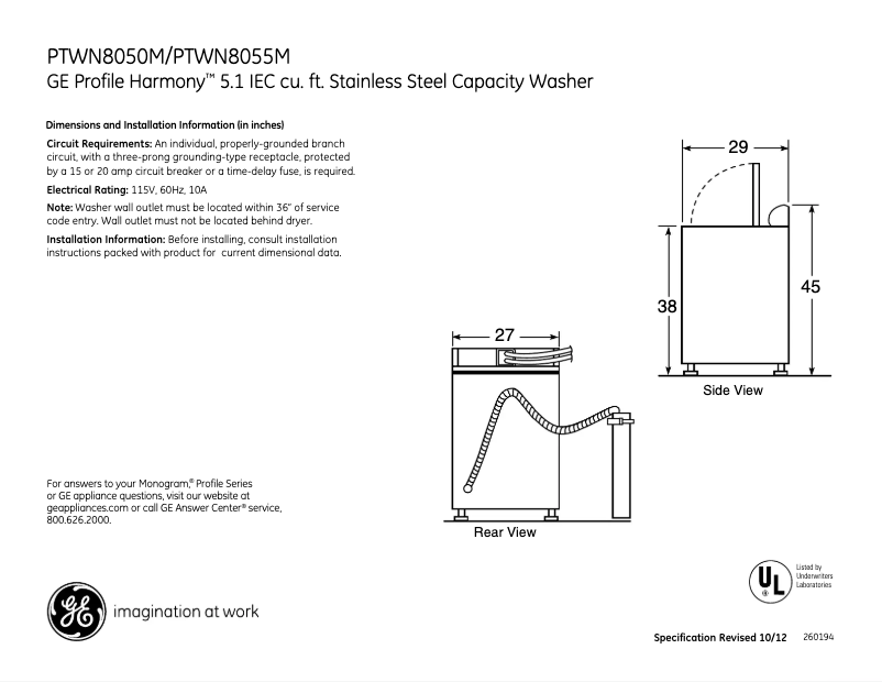 Page 1 of the manual Technical Sheet GE Harmony PTWN8055MMS