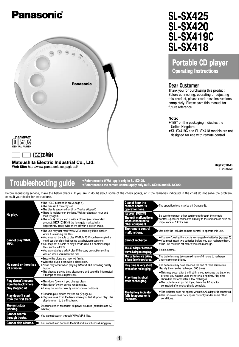 First page image of the manual for SL-SX418