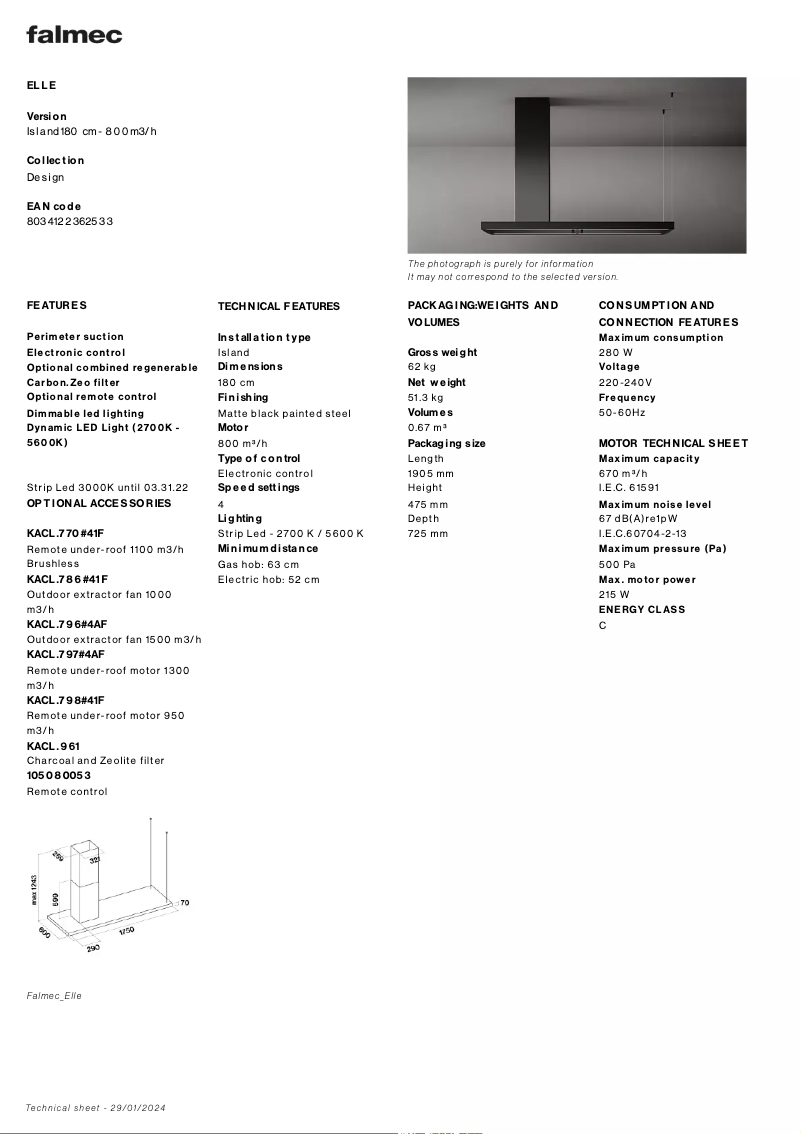 Page 1 of the manual Technical Sheet Falmec Elle