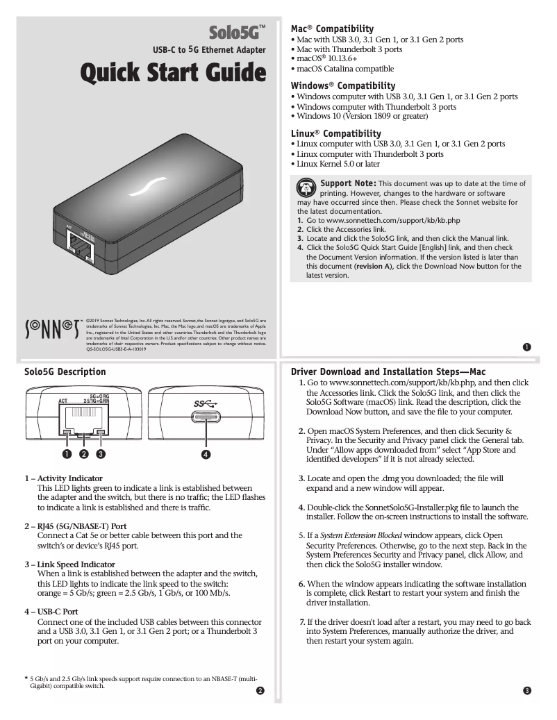 Page 1 of the manual User Manual Sonnet Solo5G