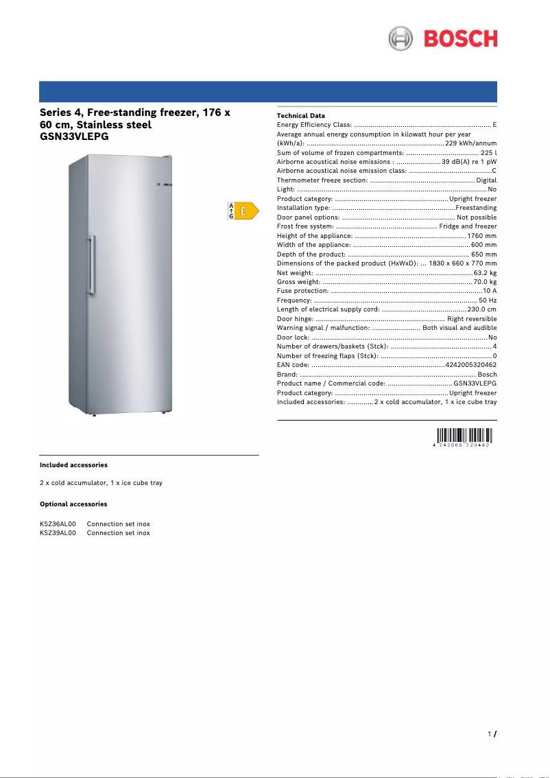 Page 1 of the manual Technical Sheet Bosch GSN33VLEPG