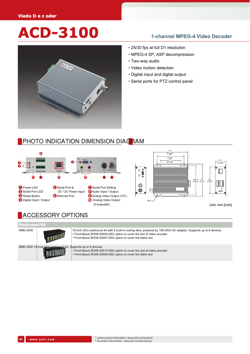 Page 1 of the manual Technical Sheet ACTi ACD-3100