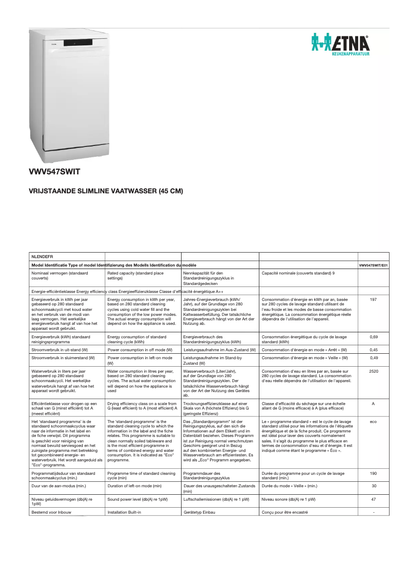 Page 1 of the manual Technical Sheet Etna VWV547SWIT