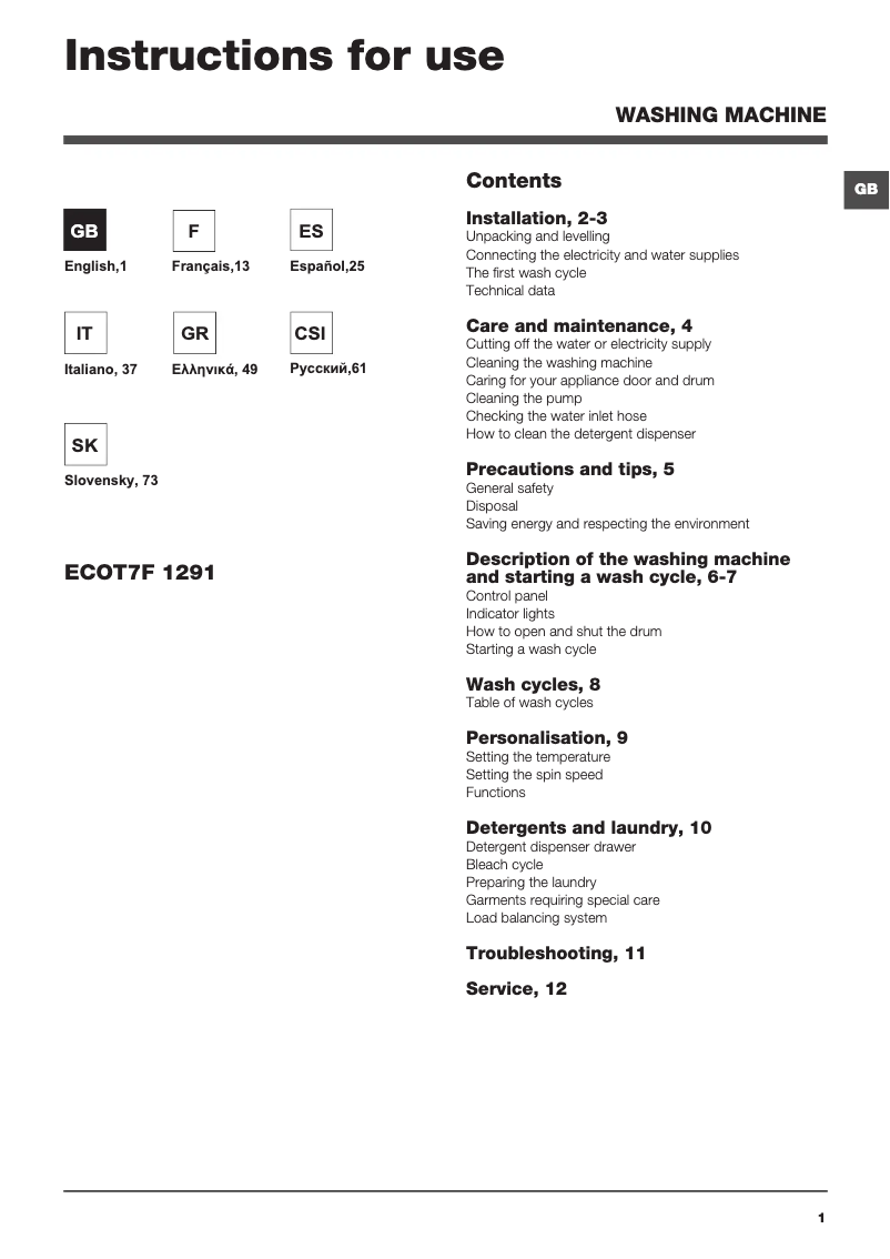 Page 1 of the manual User Manual Hotpoint Ariston ECOT7F 1291 (EU)