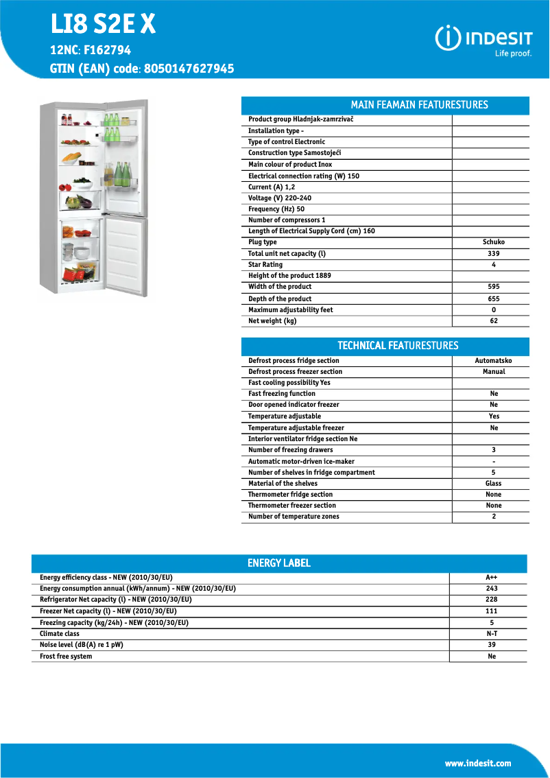 Page 1 of the manual Technical Sheet Indesit LI8 S2E X