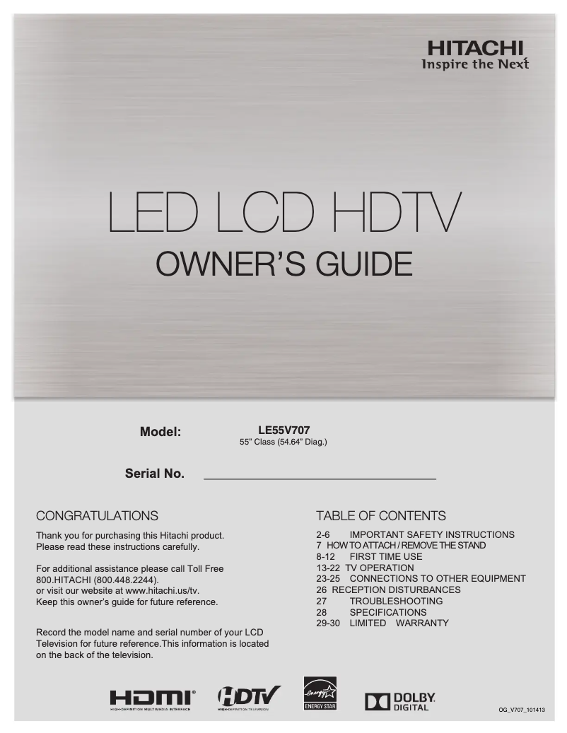 Page 1 of the manual User Manual Hitachi LE55V707