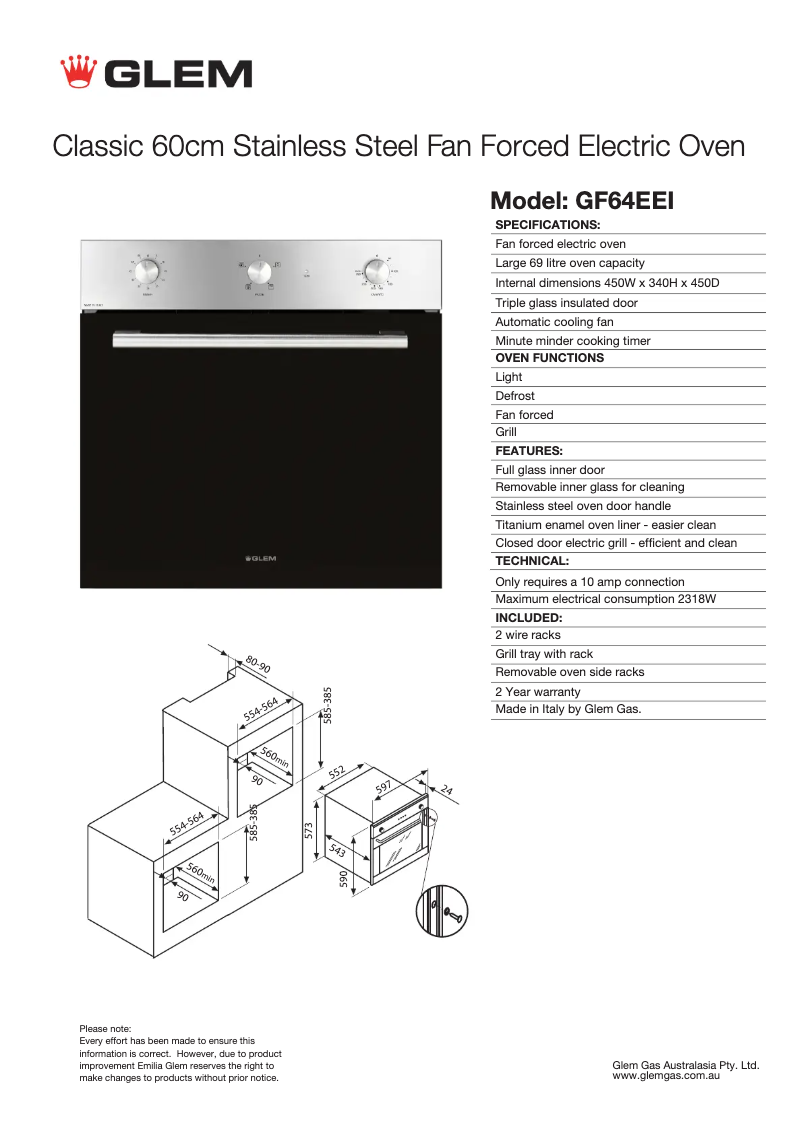 Page 1 of the manual Technical Sheet Glem Gas GF64EEI