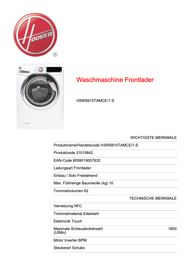 First page image of the manual for H3WS610TAMCE/1-S