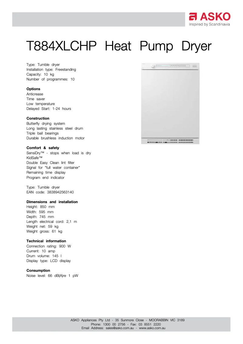 Page 1 of the manual Technical Sheet Asko T884XLCHP