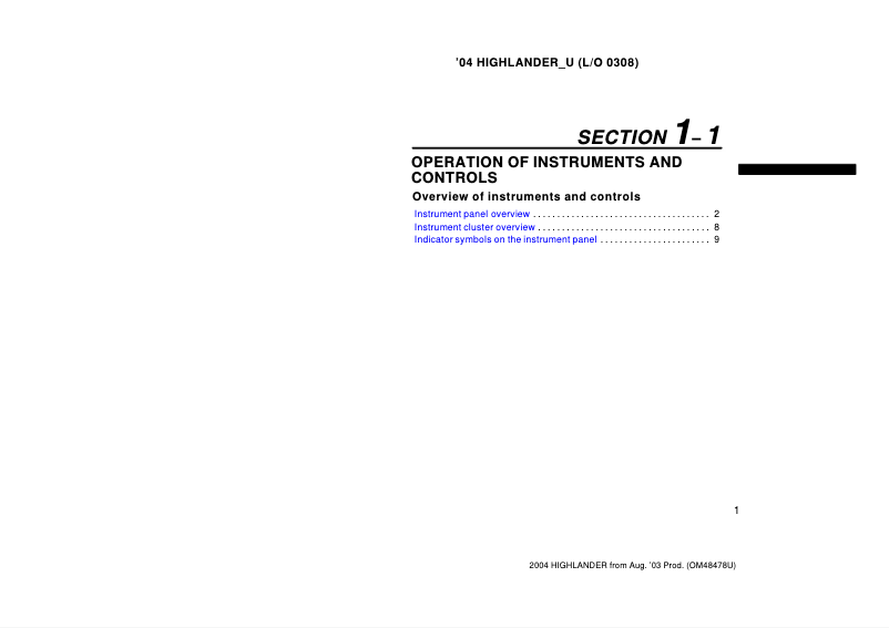 First page image of the manual for Highlander (2004)