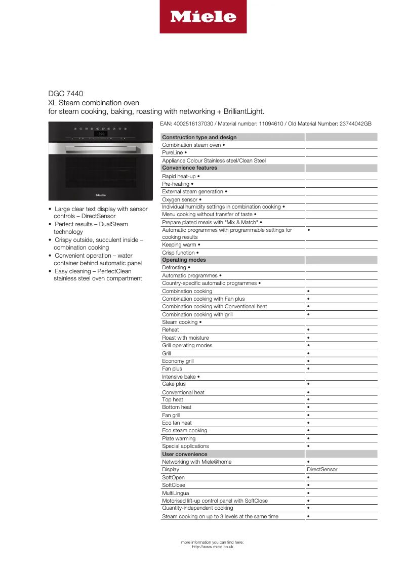 Page 1 of the manual Technical Sheet Miele DGC 7440