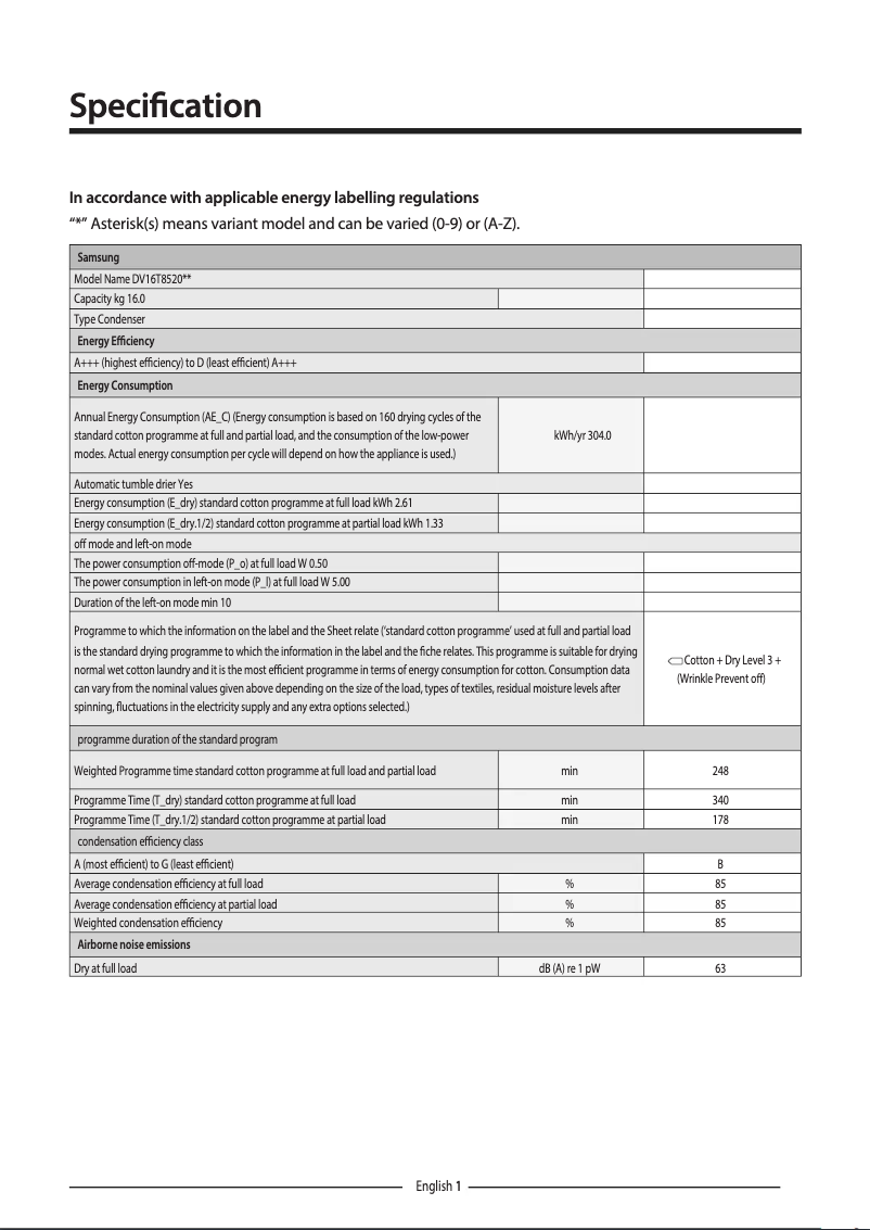 Page 1 of the manual Technical Sheet Samsung DV16T8520BV