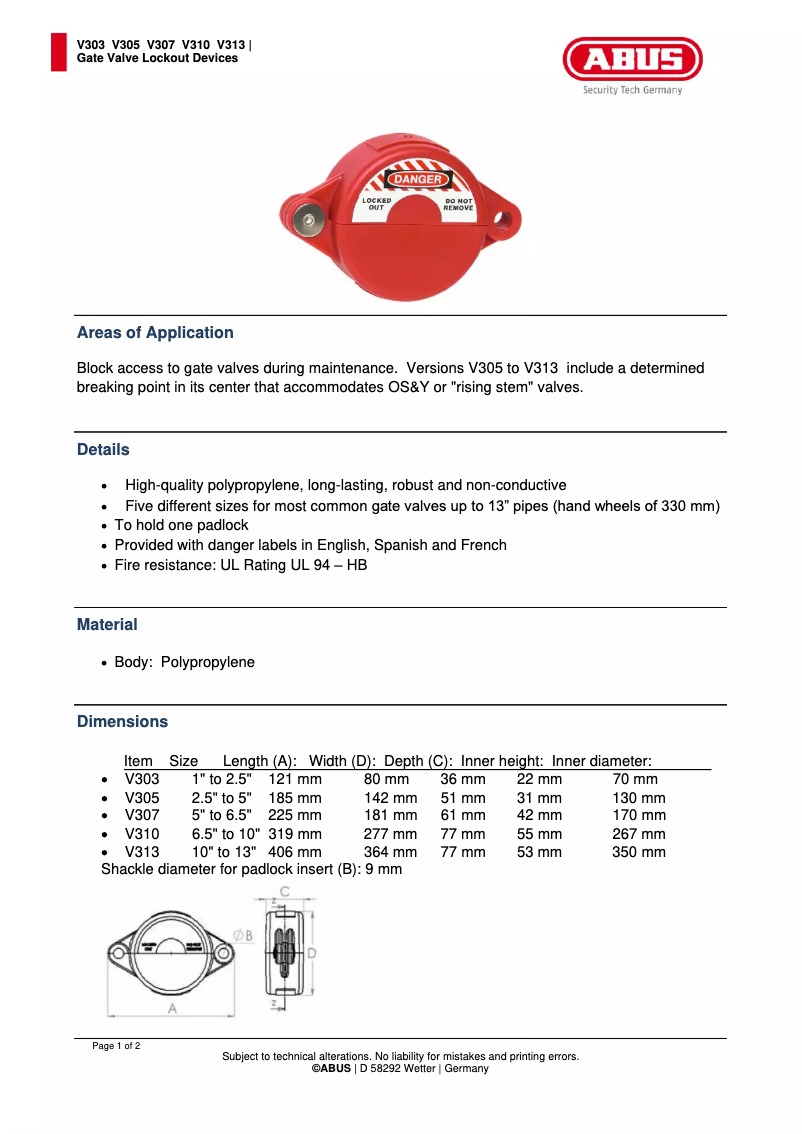 Page 1 of the manual Technical Sheet Abus V303