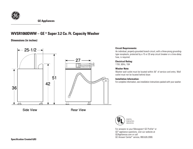 Page 1 of the manual Technical Sheet GE WVSR1060DWW