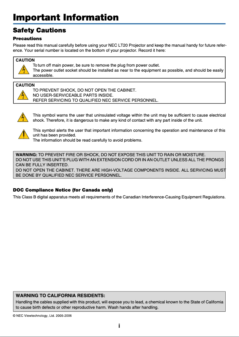 Page 1 of the manual User Manual NEC LT20E
